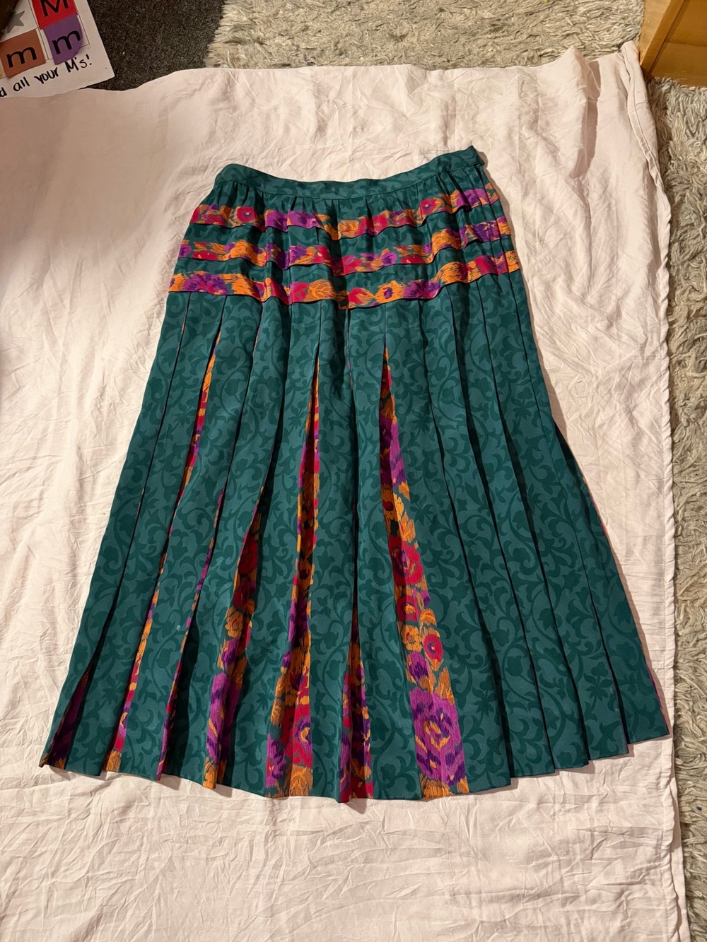 Albert Nipon Teal A-Line Skirt with Pink and Orange Floral Insets 100% Silk